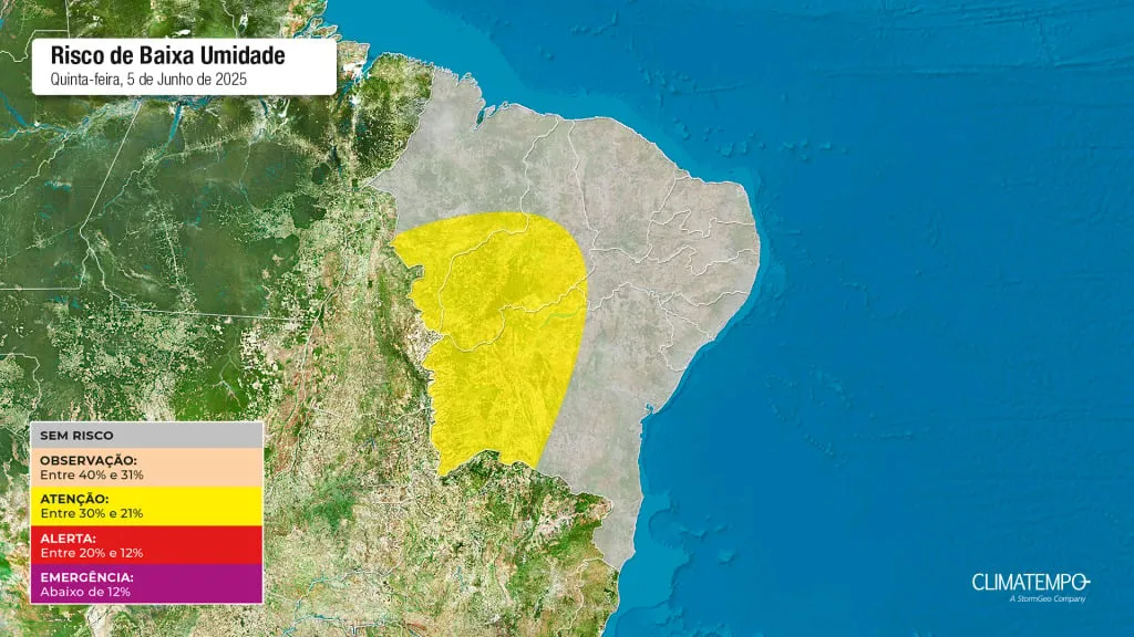 A imagem mostra as áreas em alerta para baixa umidade